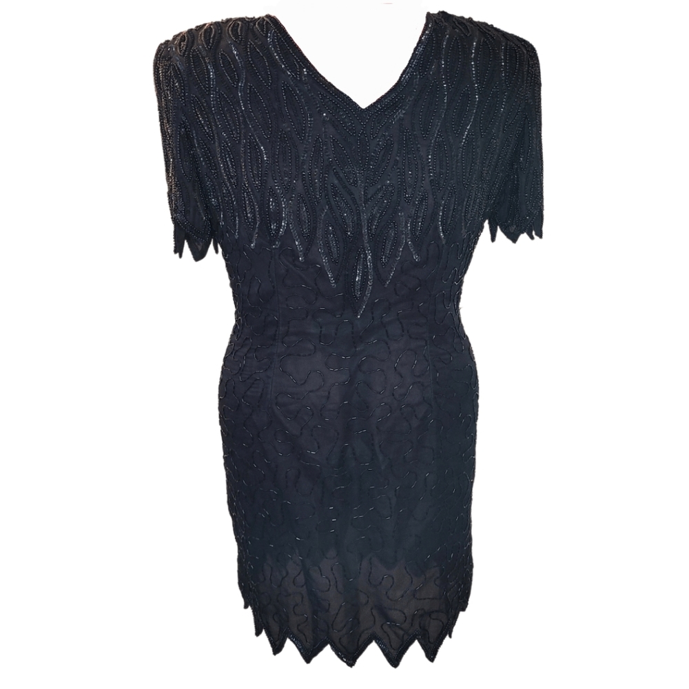 Vintage Silky Nites Beaded Silk Cocktail Dress Size 14